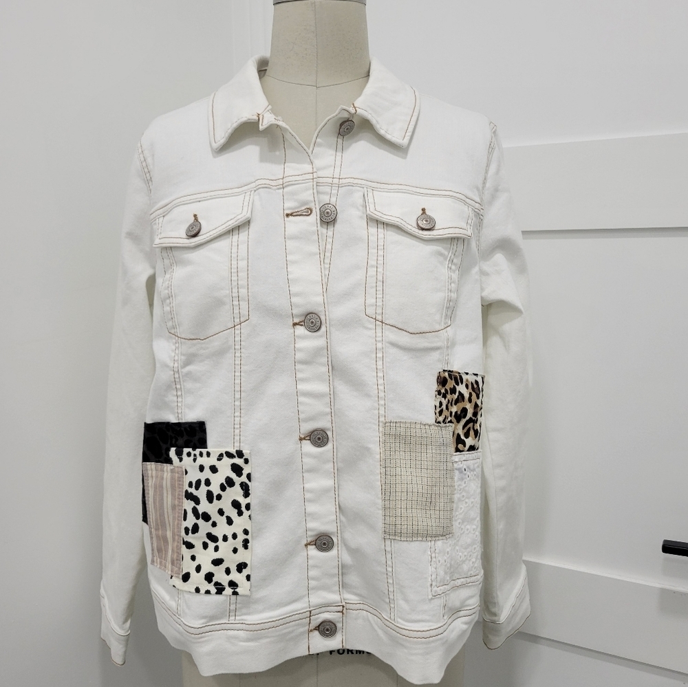 LOGO Lori Goldstein Women' Off White Denim Patchwork Button Front Jacket…